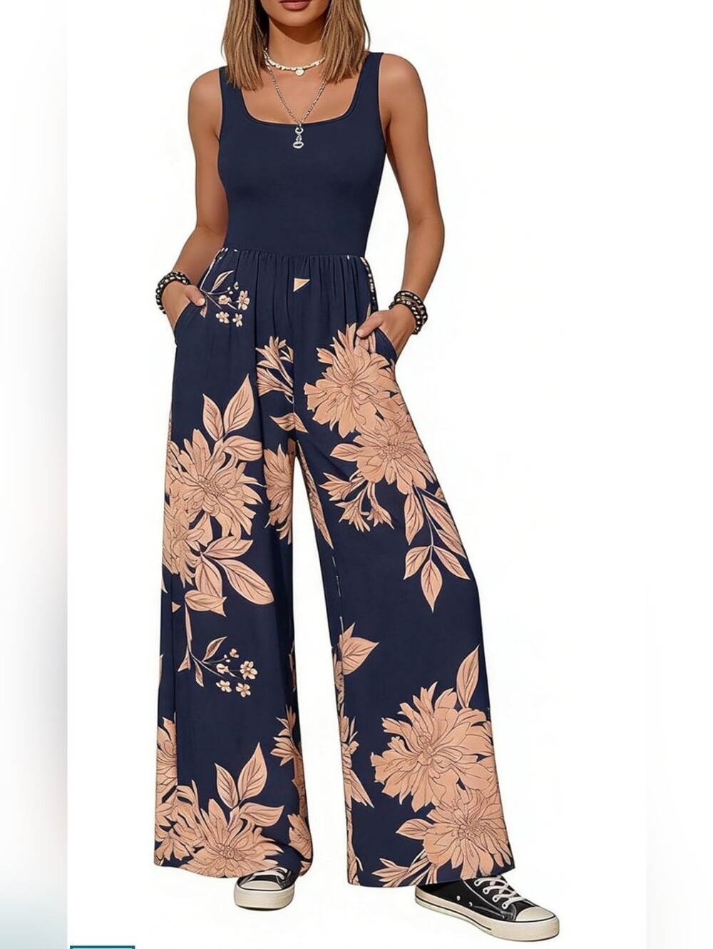 Navy Floral Wide-Leg Jumpsuit with Peach Bloom